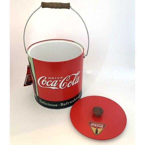 Coca Cola Metal Ice Bucket w/Handle Delicious Refreshing 7" Tall 7" Diameter Vtg - Picture 6 of 10